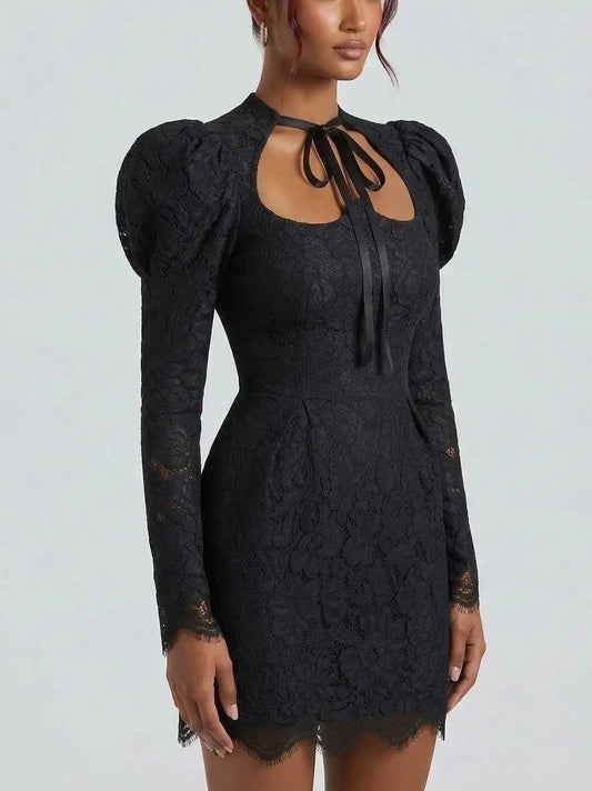 Cutout Lace Puff-Sleeve Mini Dress with Ribbon Tie - Dresses
