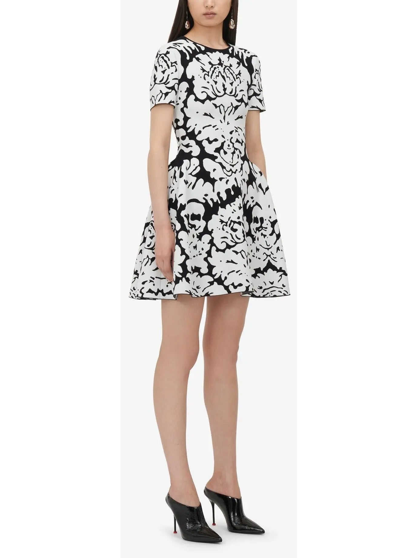 Damask Jacquard Mini Dress in Black and White - Branna Couture