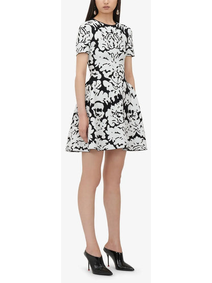 Damask Jacquard Mini Dress in Black and White - Branna Couture