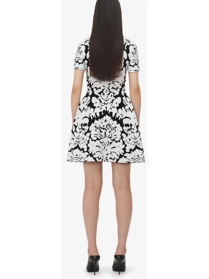 Damask Jacquard Mini Dress in Black and White - Branna Couture