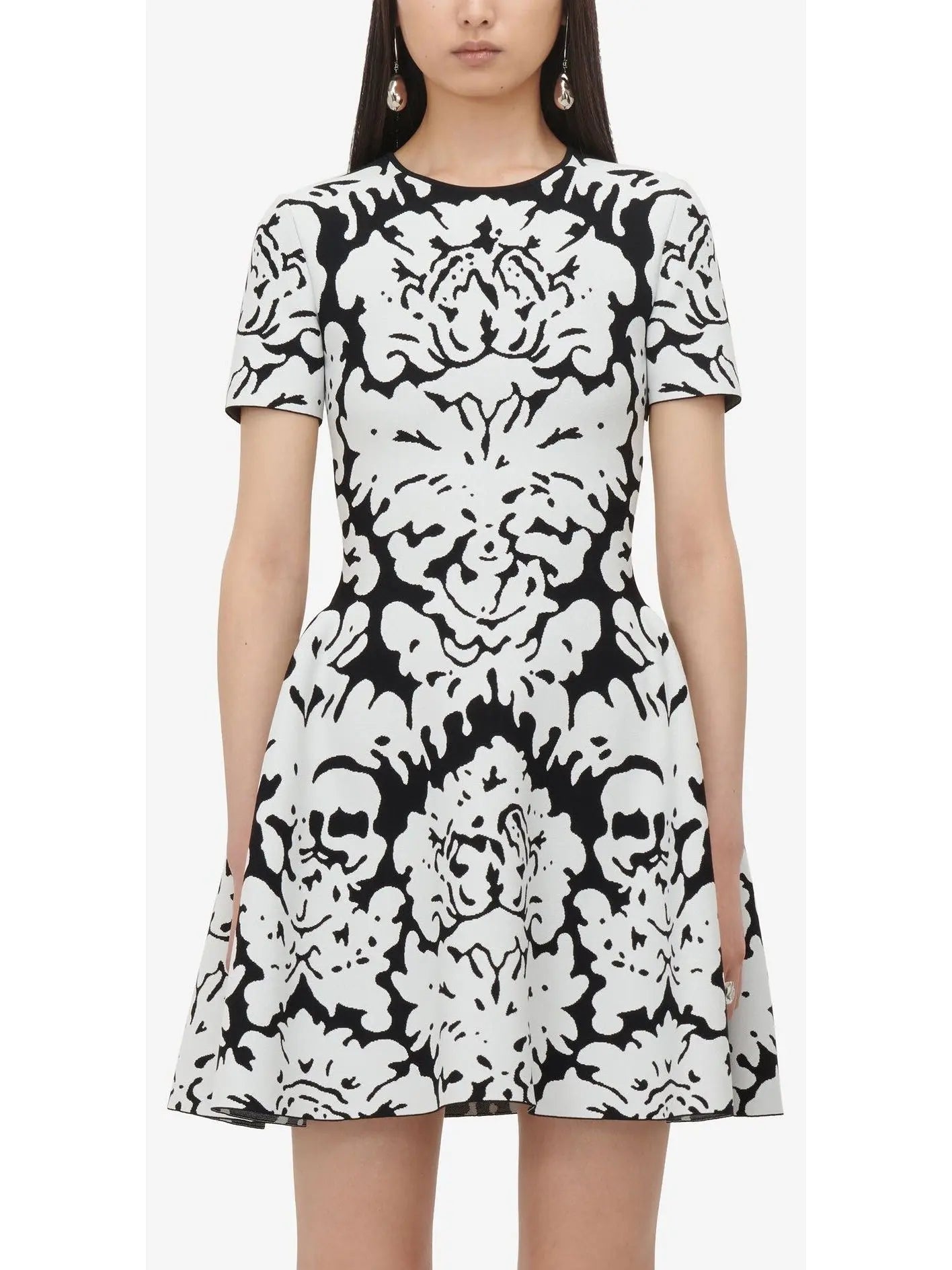 Damask Jacquard Mini Dress in Black and White - Branna Couture