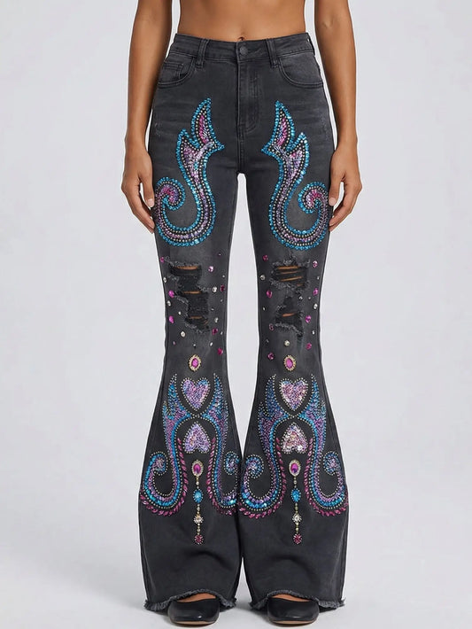 Dark Gray Sequin and Beaded Flare Denim Jeans - Small - Jeans & Pants