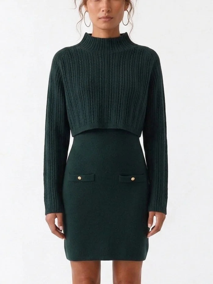 Dark Green Knit Mini Dress with Cropped Ribbed Sweater - Small - Dresses