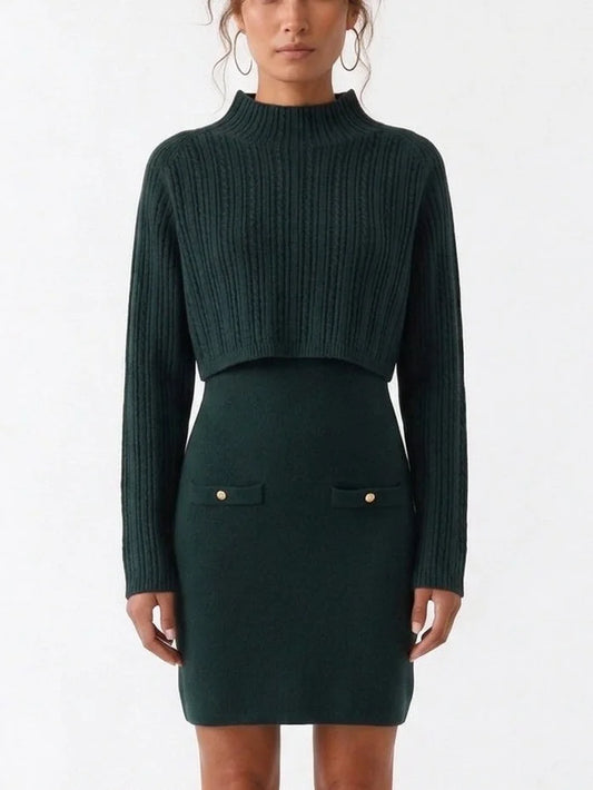 Dark Green Knit Mini Dress with Cropped Ribbed Sweater - Small - Dresses