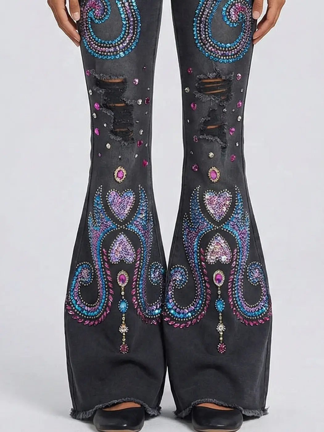 Dark Gray Sequin and Beaded Flare Denim Jeans - Jeans & Pants
