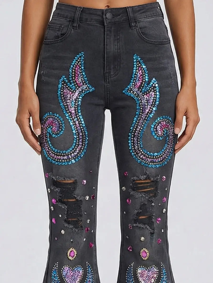 Dark Gray Sequin and Beaded Flare Denim Jeans - Jeans & Pants