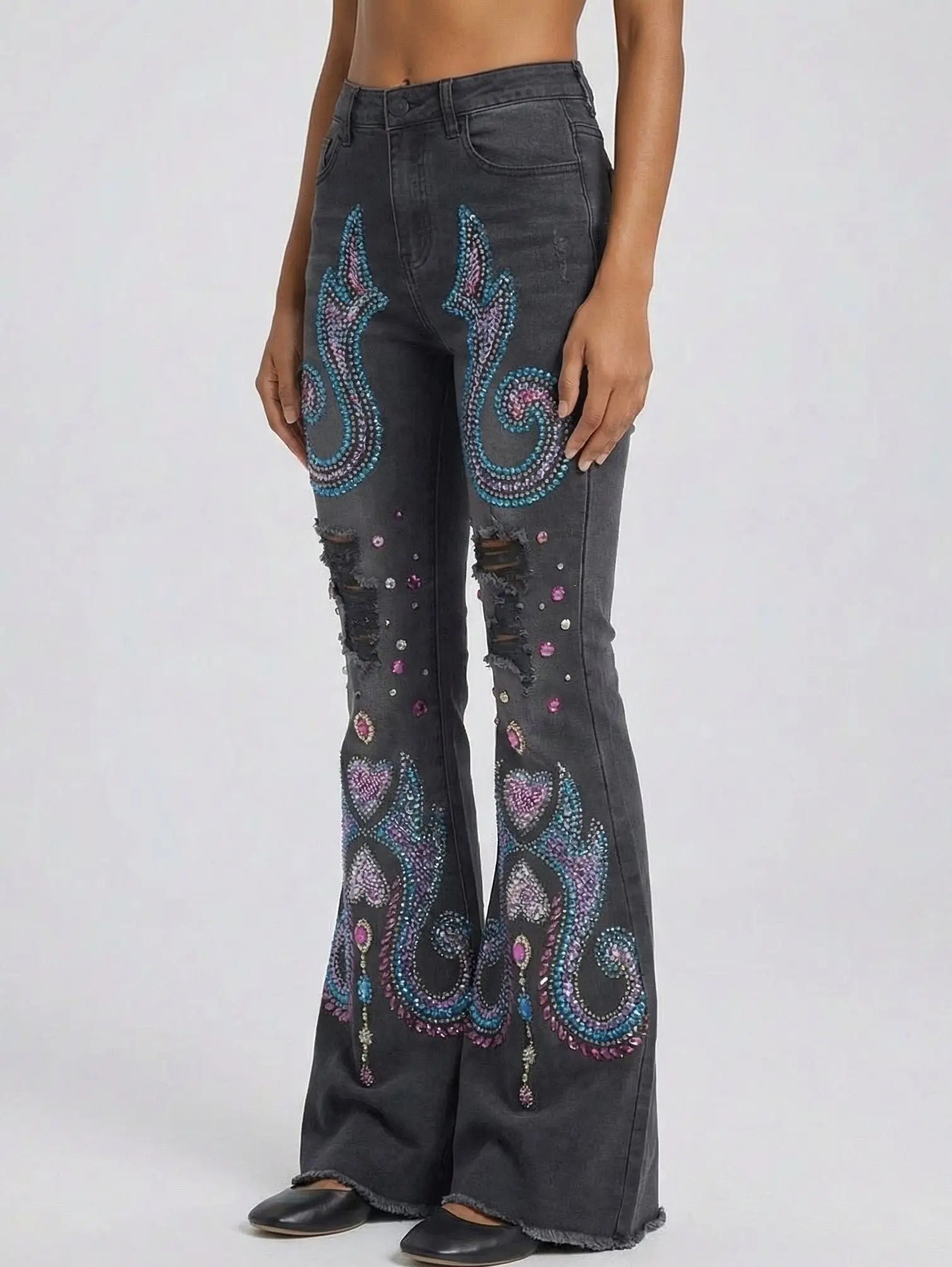 Dark Gray Sequin and Beaded Flare Denim Jeans - Jeans & Pants