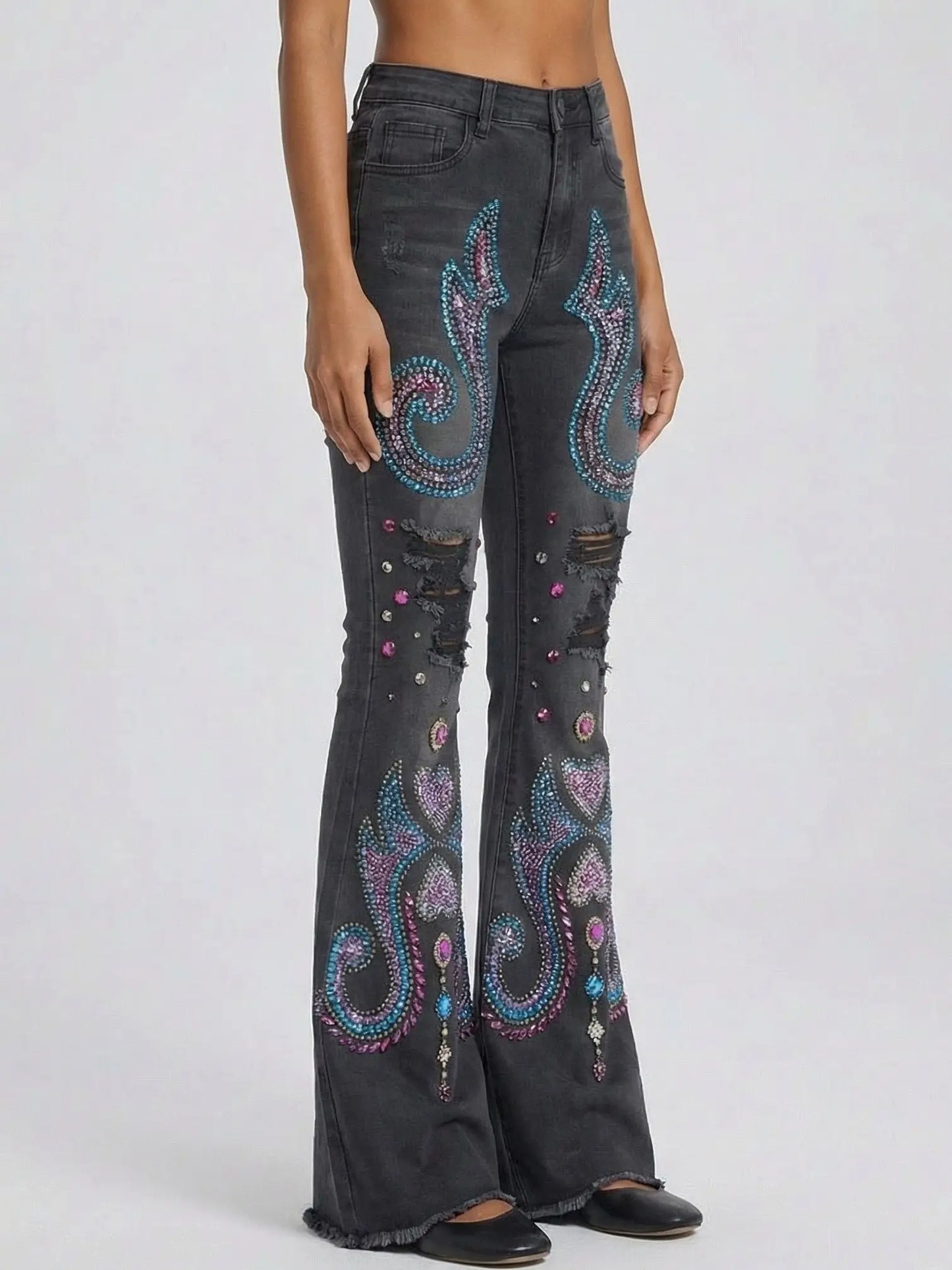 Dark Gray Sequin and Beaded Flare Denim Jeans - Jeans & Pants