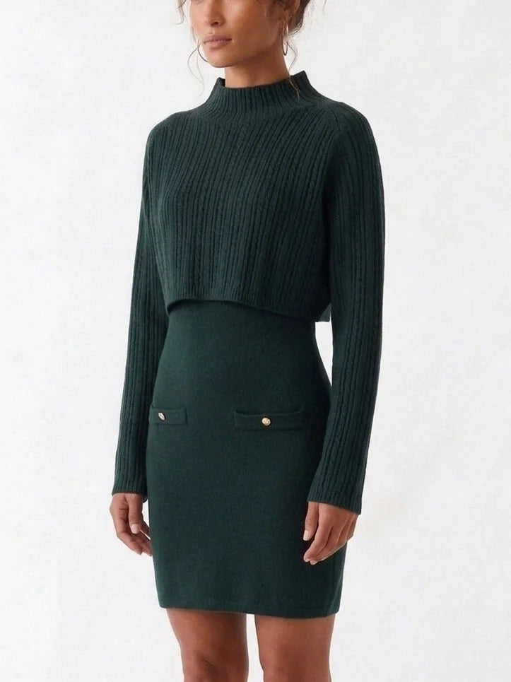 Dark Green Knit Mini Dress with Cropped Ribbed Sweater - Dresses