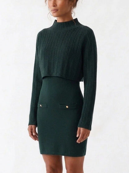 Dark Green Knit Mini Dress with Cropped Ribbed Sweater - Dresses