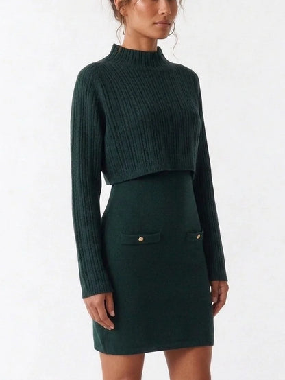 Dark Green Knit Mini Dress with Cropped Ribbed Sweater - Dresses