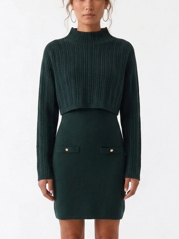 Dark Green Knit Mini Dress with Cropped Ribbed Sweater - Dresses