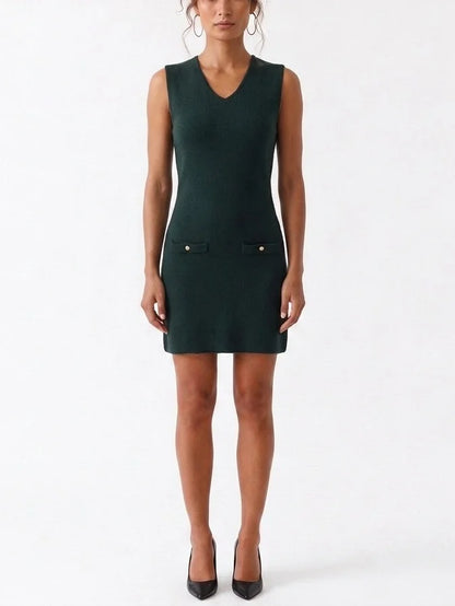 Dark Green Knit Mini Dress with Cropped Ribbed Sweater - Dresses