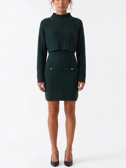 Dark Green Knit Mini Dress with Cropped Ribbed Sweater - Dresses