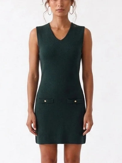 Dark Green Knit Mini Dress with Cropped Ribbed Sweater - Dresses