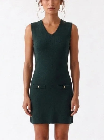 Dark Green Knit Mini Dress with Cropped Ribbed Sweater - Dresses