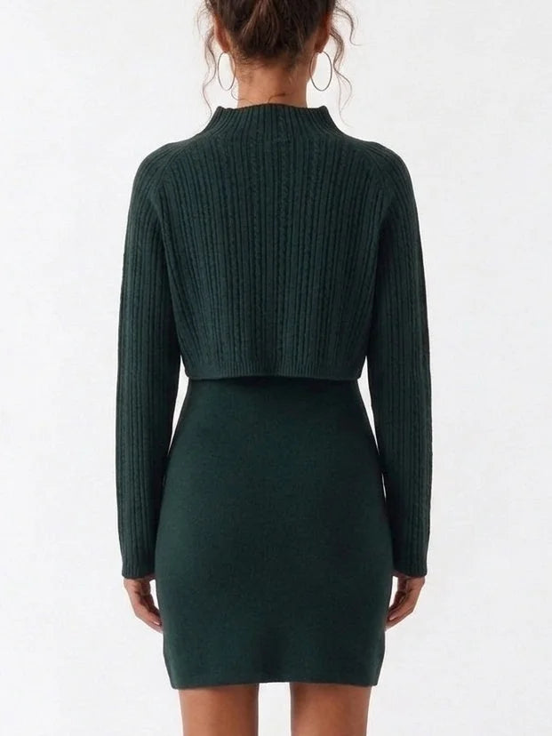 Dark Green Knit Mini Dress with Cropped Ribbed Sweater - Dresses
