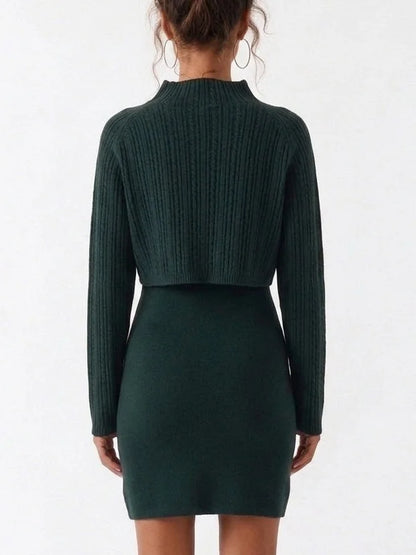 Dark Green Knit Mini Dress with Cropped Ribbed Sweater - Dresses