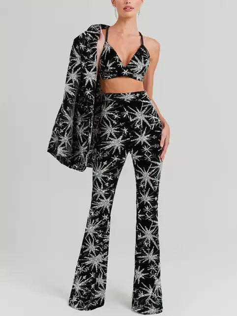 Dazzling Sequin Star-Embellished Black Blazer and Pant Suit Branna Couture