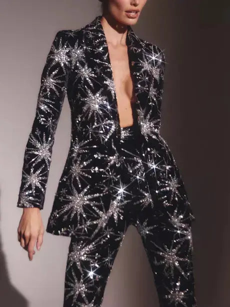 Dazzling Sequin Star-Embellished Black Blazer and Pant Suit Branna Couture