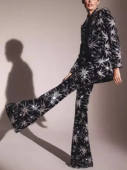 Dazzling Sequin Star-Embellished Black Blazer and Pant Suit Branna Couture