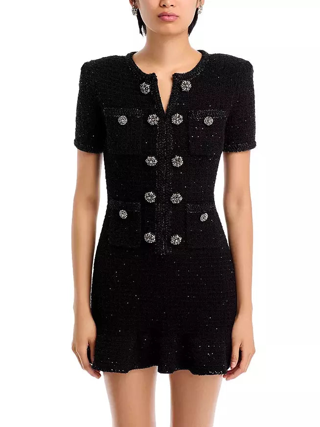 Women’s Decorative-Button-Embellished Black Tweed Mini Dress Branna Couture