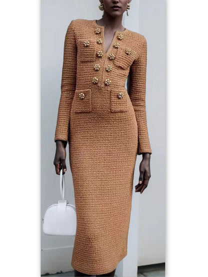 Women’s Decorative-Button-Embellished Brown Knit Midi Dress Branna Couture