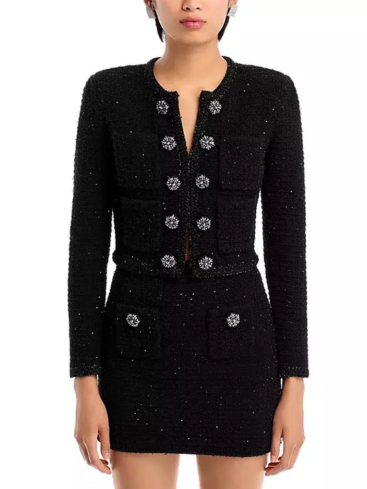 Women’s Decorative-Button-Embellished Black Tweed Jacket and Mini Skirt Set Branna Couture