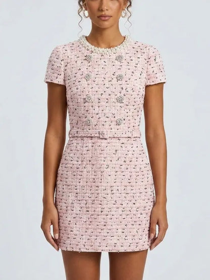 Decorative Button Pink Tweed Mini Dress - Small - Dresses