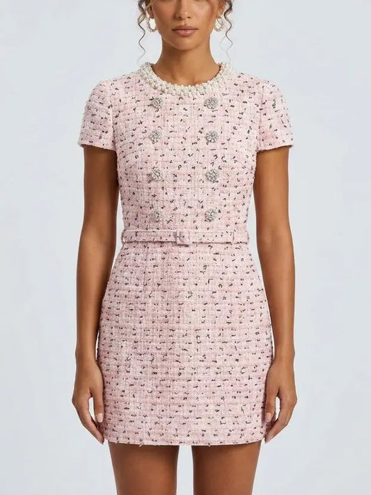 Decorative Button Pink Tweed Mini Dress - Small - Dresses