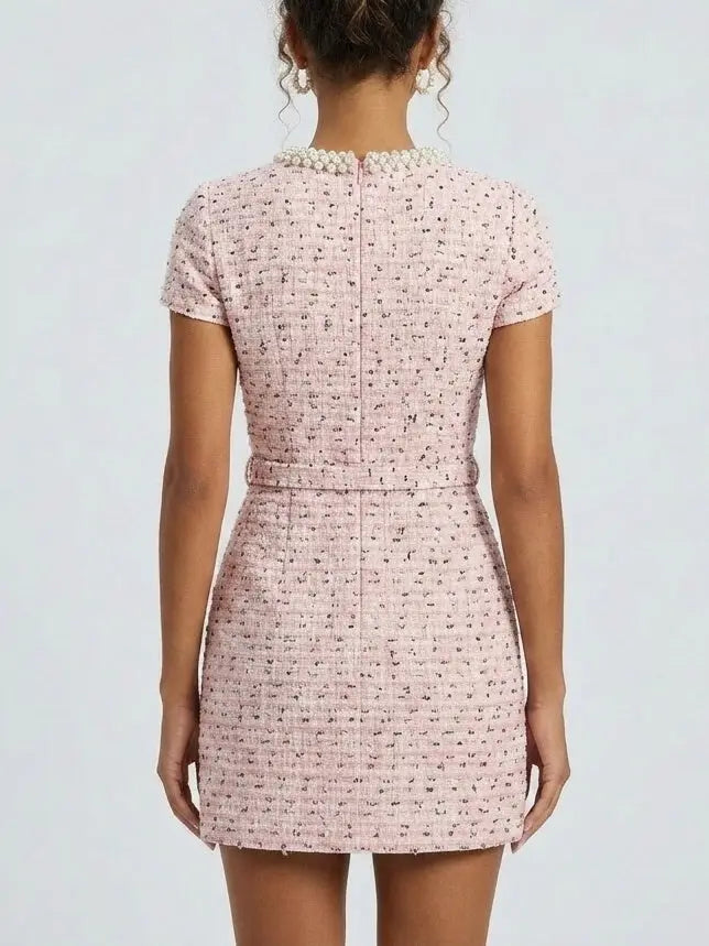 Decorative Button Pink Tweed Mini Dress - Dresses
