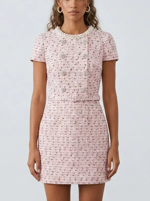 Decorative Button Pink Tweed Mini Dress - Dresses
