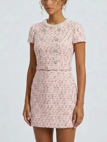 Decorative Button Pink Tweed Mini Dress - Dresses