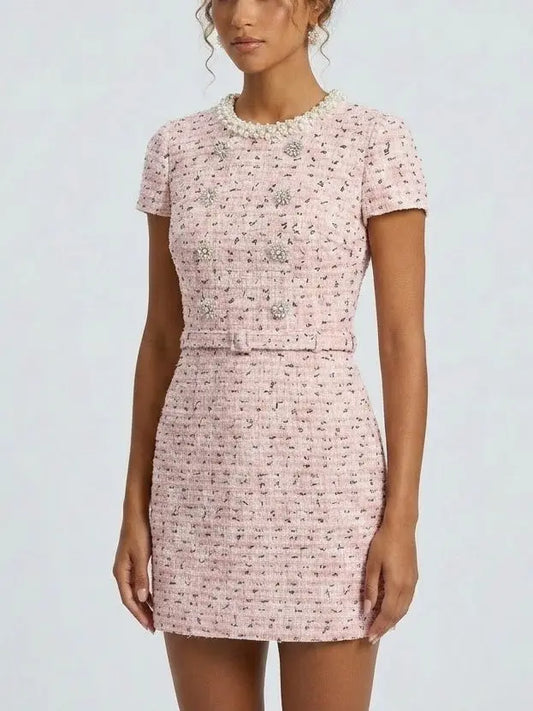 Decorative Button Pink Tweed Mini Dress - Dresses