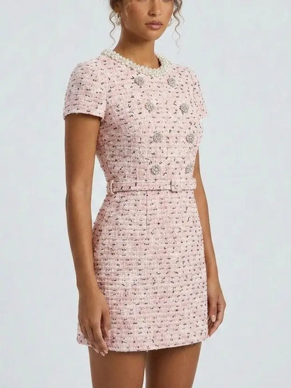 Decorative Button Pink Tweed Mini Dress - Dresses