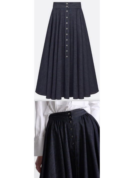 Deep Blue Cotton Denim Mid-Length Skirt with Snaps - Branna Couture