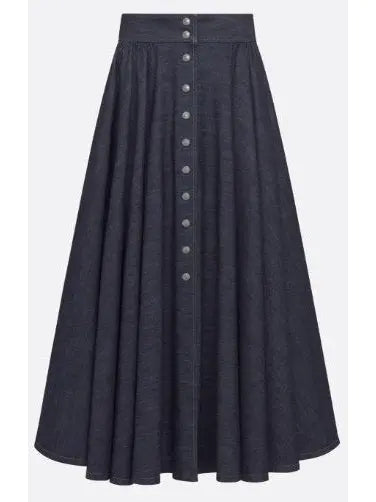 Deep Blue Cotton Denim Mid-Length Skirt with Snaps - Branna Couture