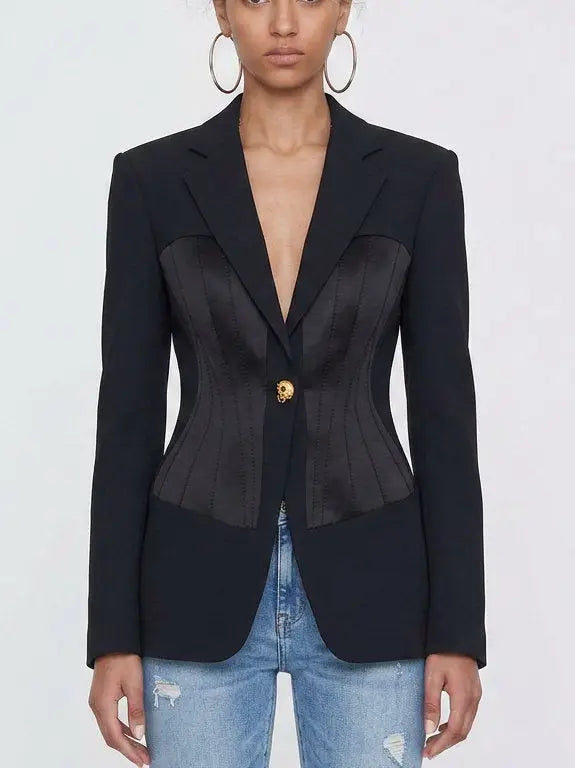 Deep Blue Satin Paneled Corset Style Tailored Blazer - Small - Jackets