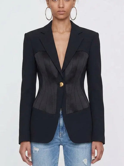 Deep Blue Satin Paneled Corset Style Tailored Blazer - Small - Jackets