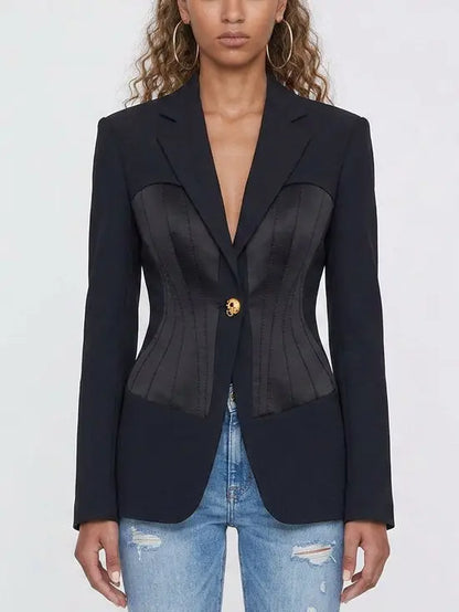 Deep Blue Satin Paneled Corset Style Tailored Blazer - Jackets