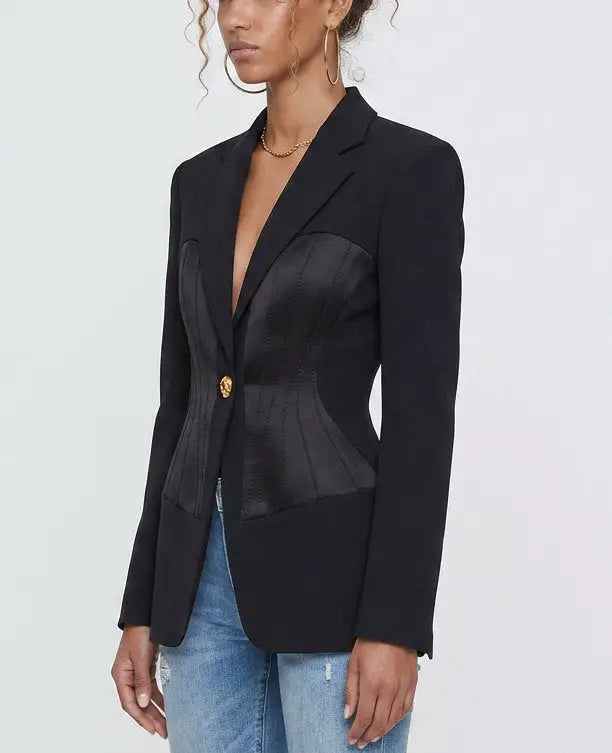 Deep Blue Satin Paneled Corset Style Tailored Blazer - Jackets