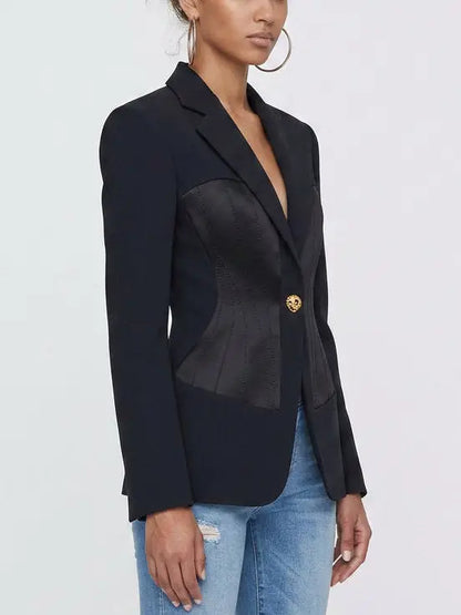 Deep Blue Satin Paneled Corset Style Tailored Blazer - Jackets