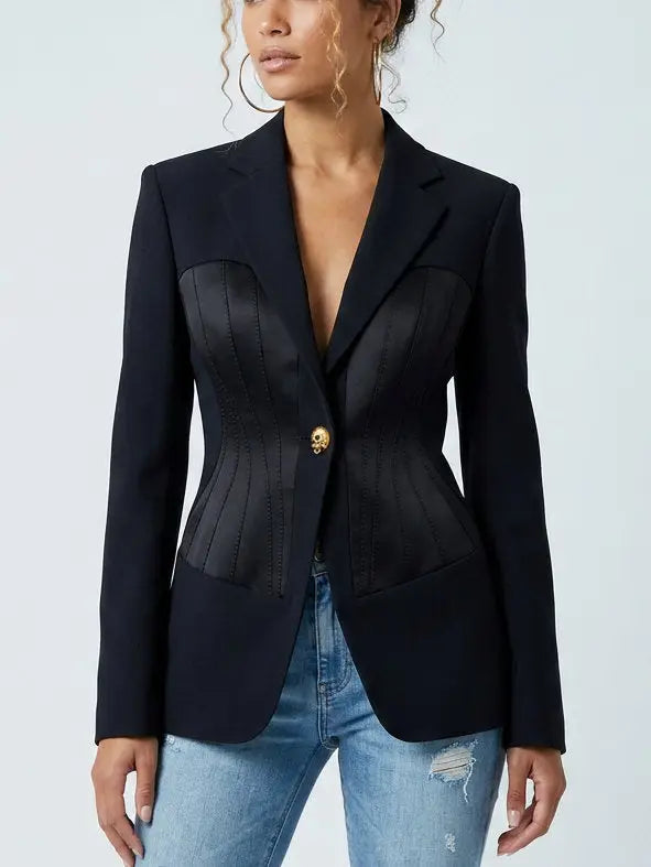 Deep Blue Satin Paneled Corset Style Tailored Blazer - Jackets