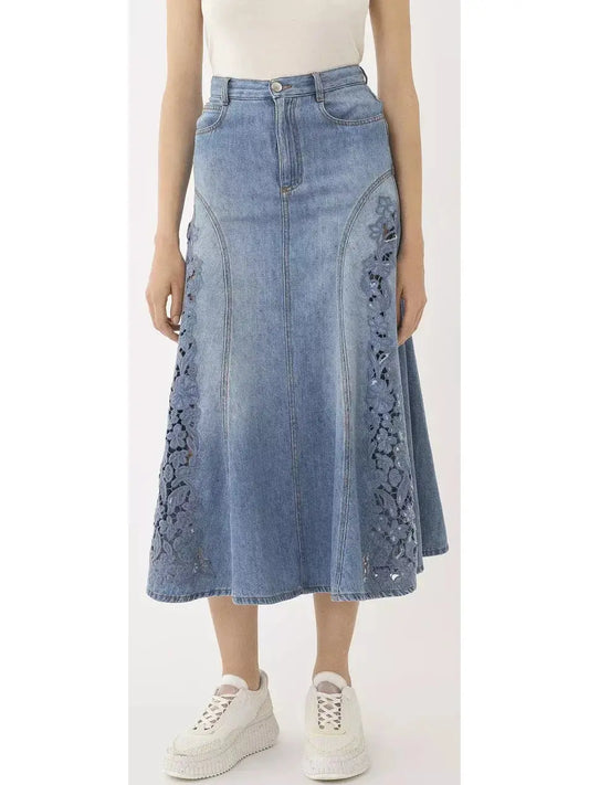 Denim Flared Vintage-Wash Laser-Cut Midi Skirt - Branna Couture