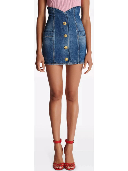 Denim Tulip Skirt with Buttons - Branna Couture