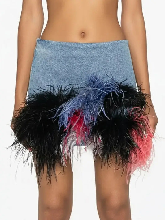 Denim Mini Skirt with Ostrich Feather Trim - S - Skirts