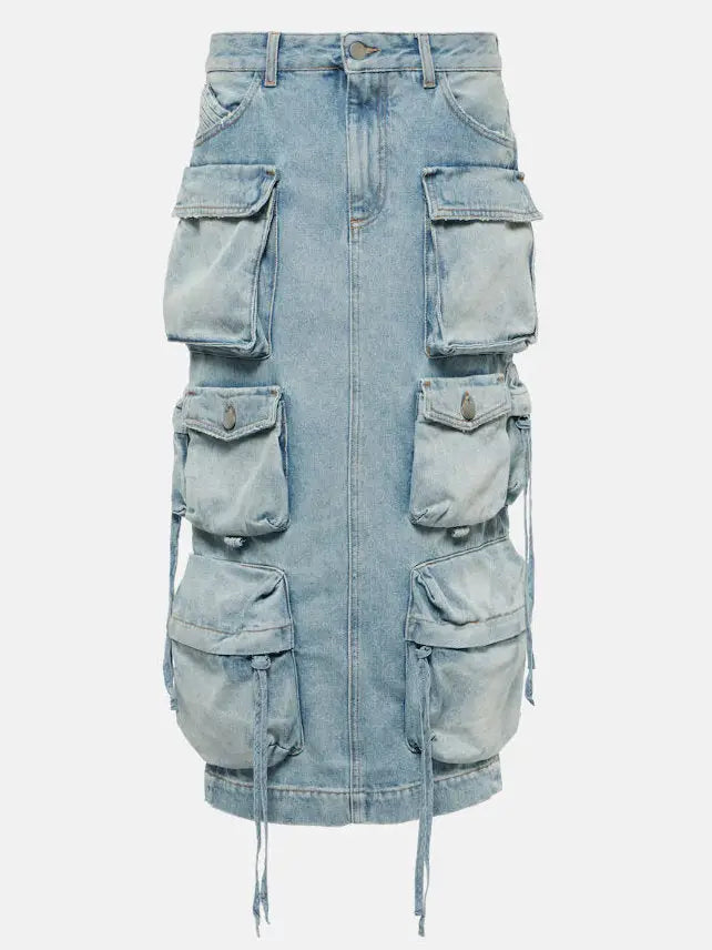 Denim Multi-Pocket Cargo Midi Skirt - Skirts