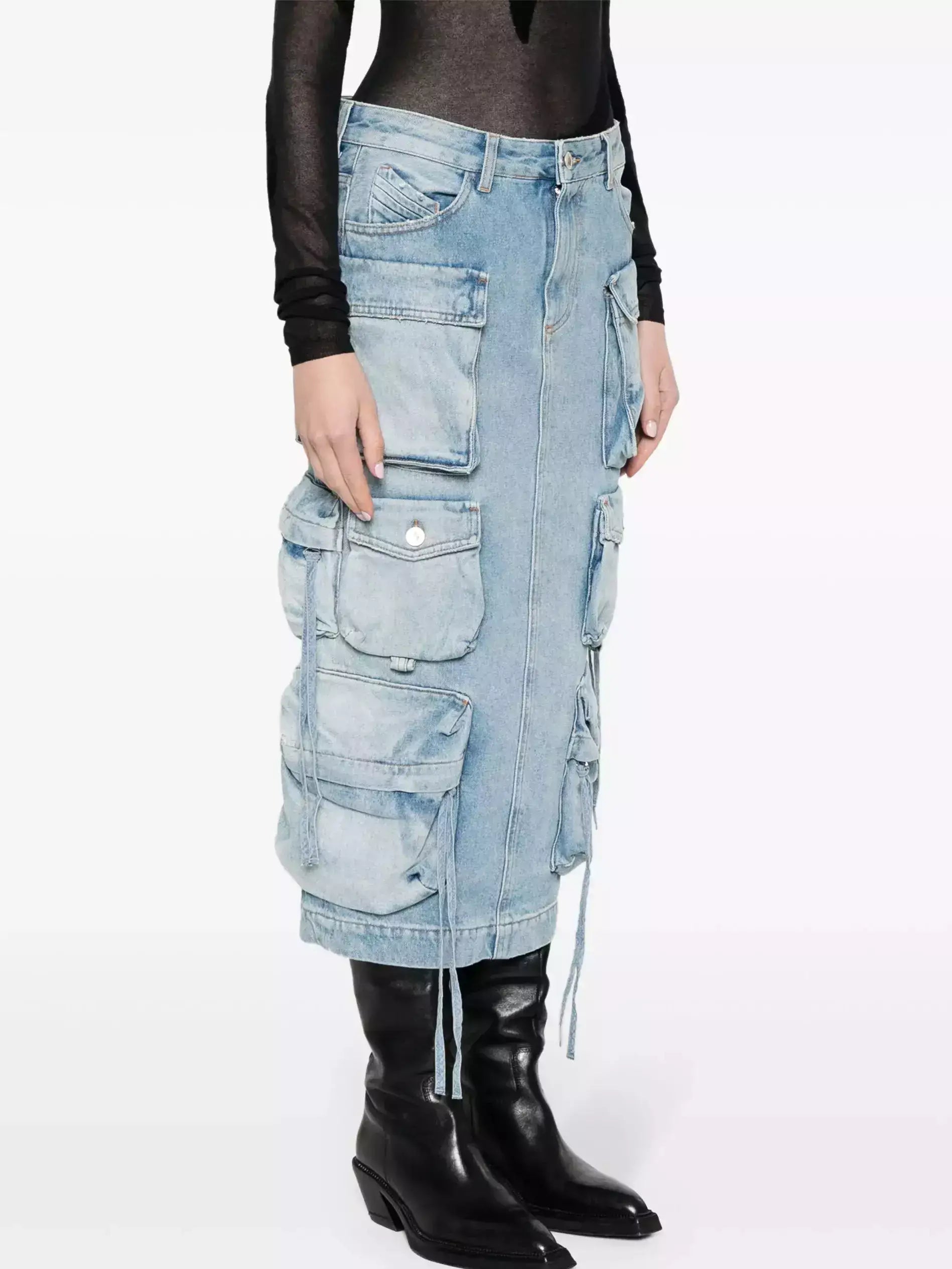 Denim Multi-Pocket Cargo Midi Skirt - Skirts