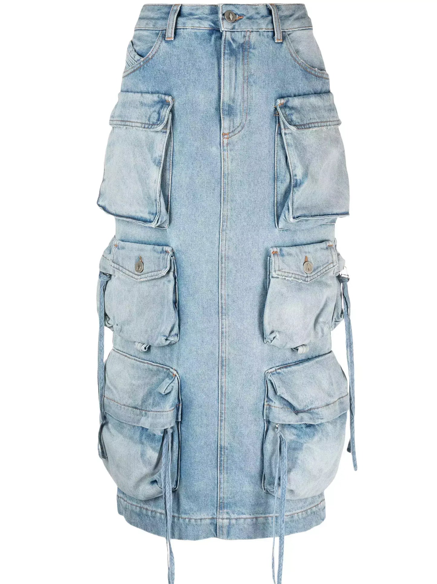 Denim Multi-Pocket Cargo Midi Skirt - Skirts