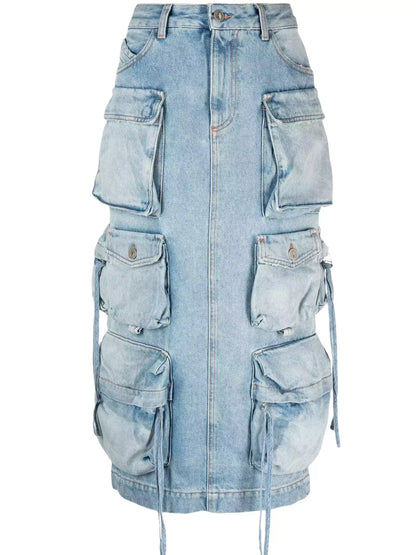 Denim Multi-Pocket Cargo Midi Skirt - Skirts